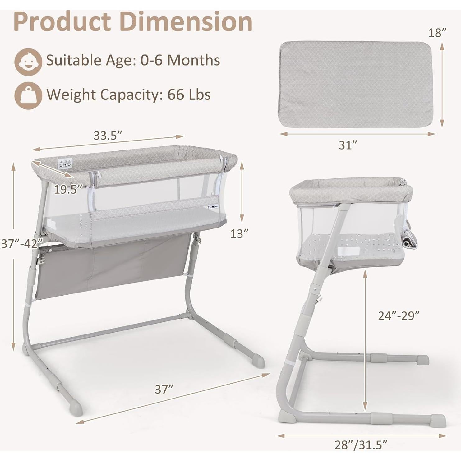 Cuna para Bebé INFANS 3 en 1 Beige, Ajustable y Abatible