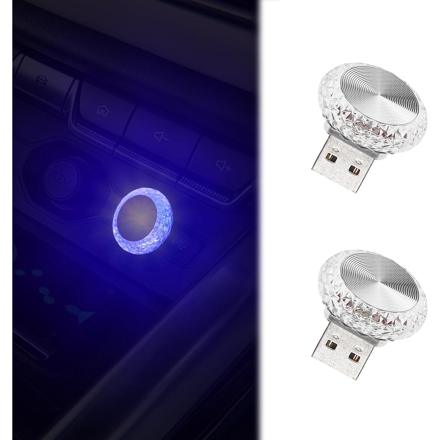 USB LED Car Interior Atmosphere Lamp, Crystal Mini USB LED Car Interior Ambient Lights, Trunk Ambient Light, Decoration Light Ambient Interior Led Light for all Car Interiors, 2 Pcs Night Light (Blue)