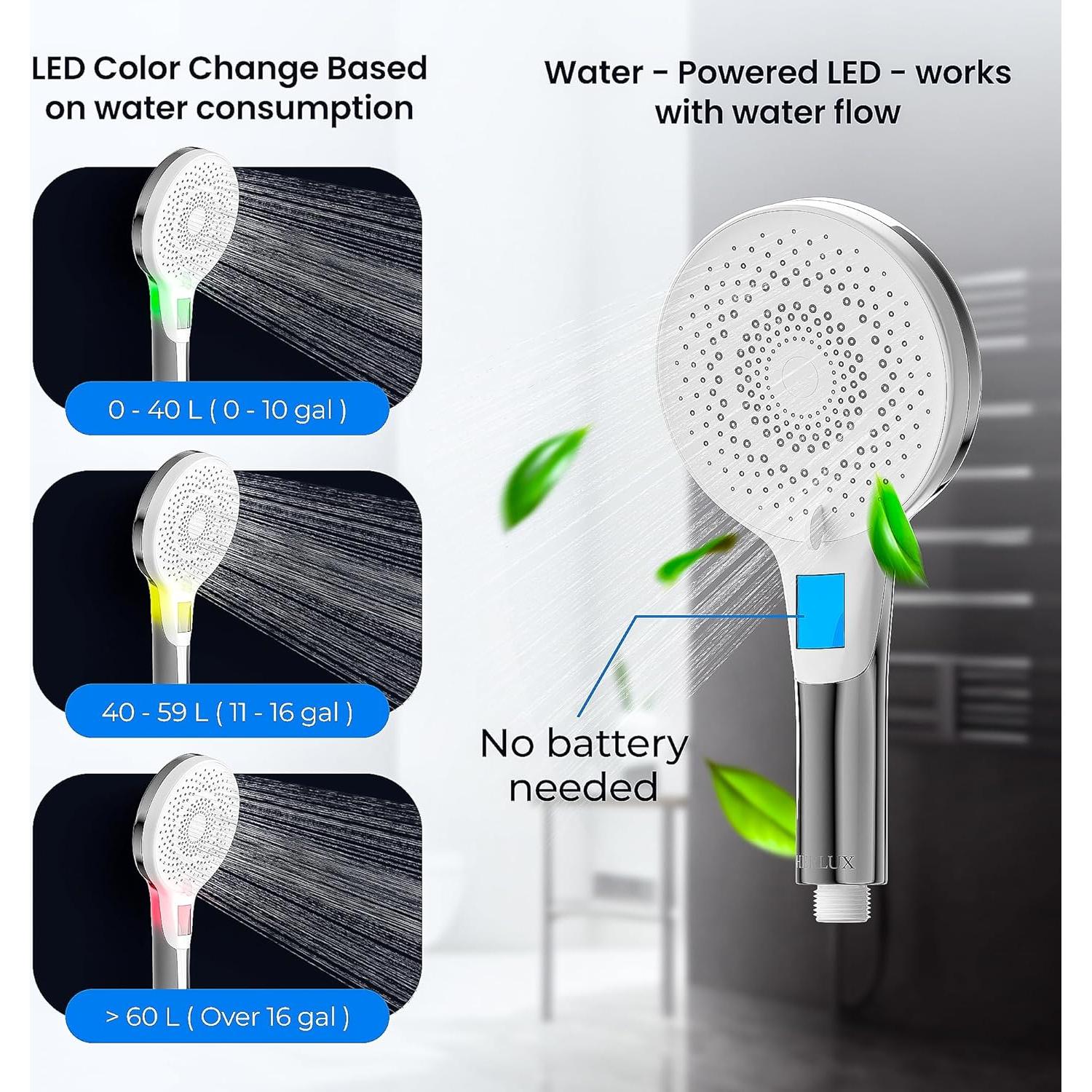 Cabezal de Ducha HERLUX Cromo 3 Modos Alta Presión LED