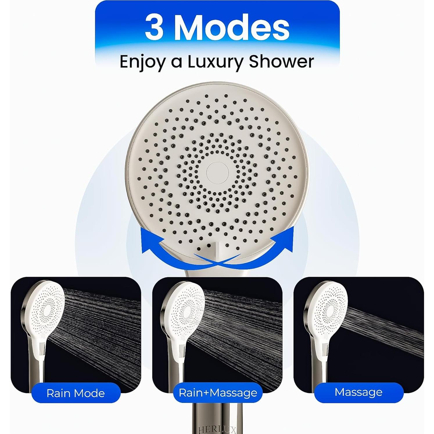 Cabezal de Ducha HERLUX Cromo 3 Modos Alta Presión LED