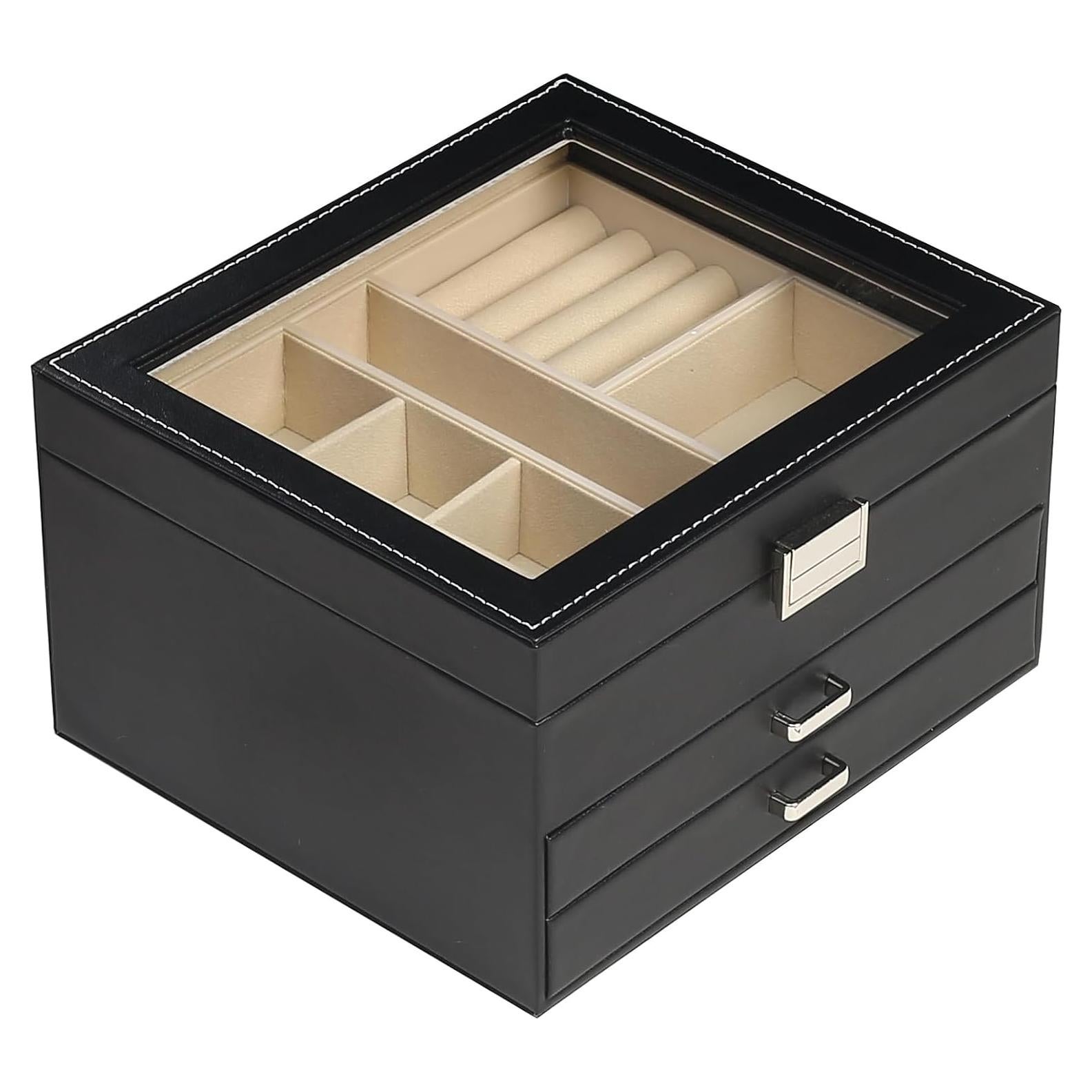 Caja de Joyería BOOVO Negra 3 Capas con Tapa Transparente