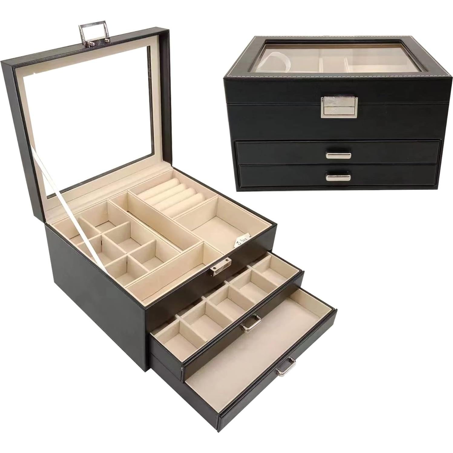 Caja de Joyería BOOVO Negra 3 Capas con Tapa Transparente