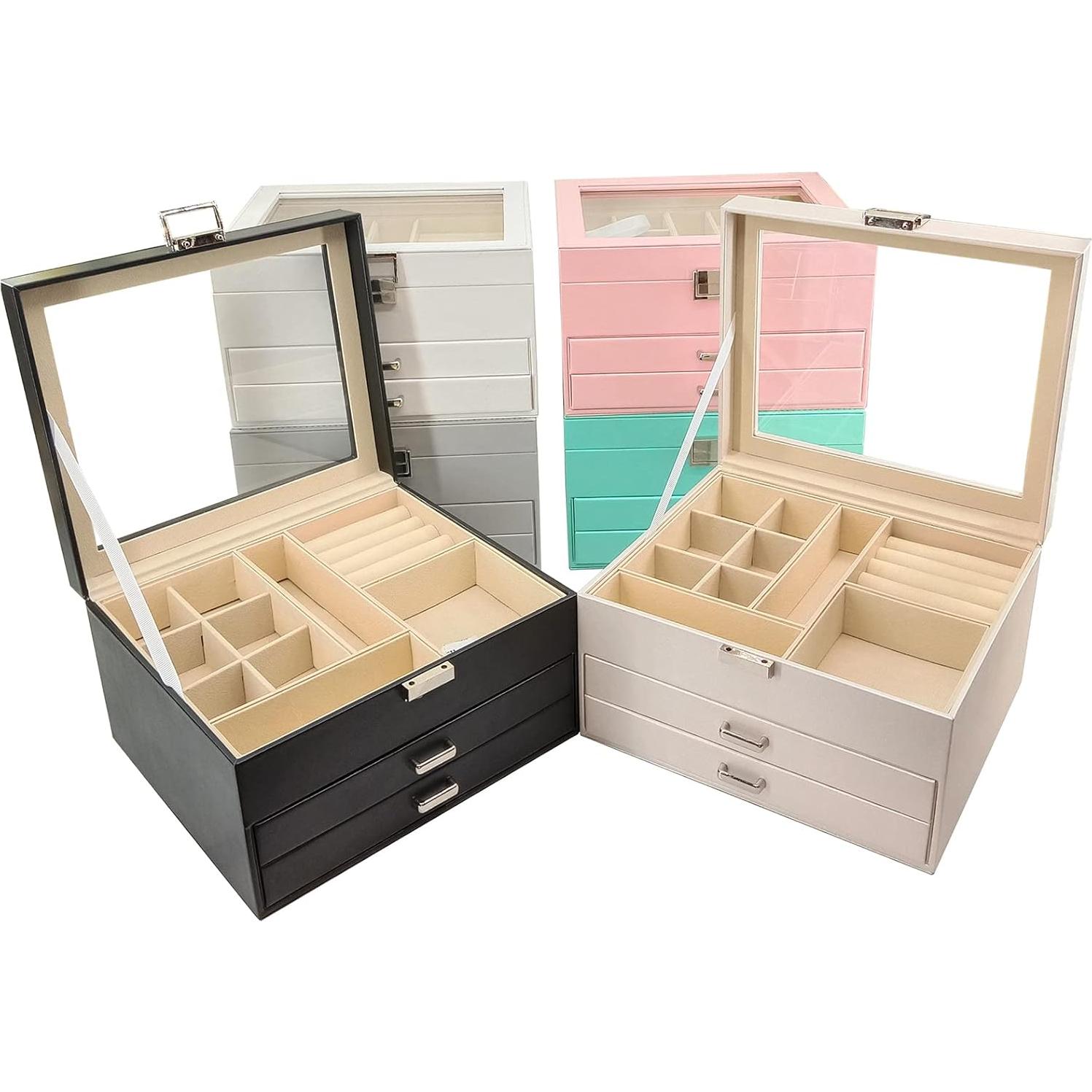 Caja de Joyería BOOVO Negra 3 Capas con Tapa Transparente