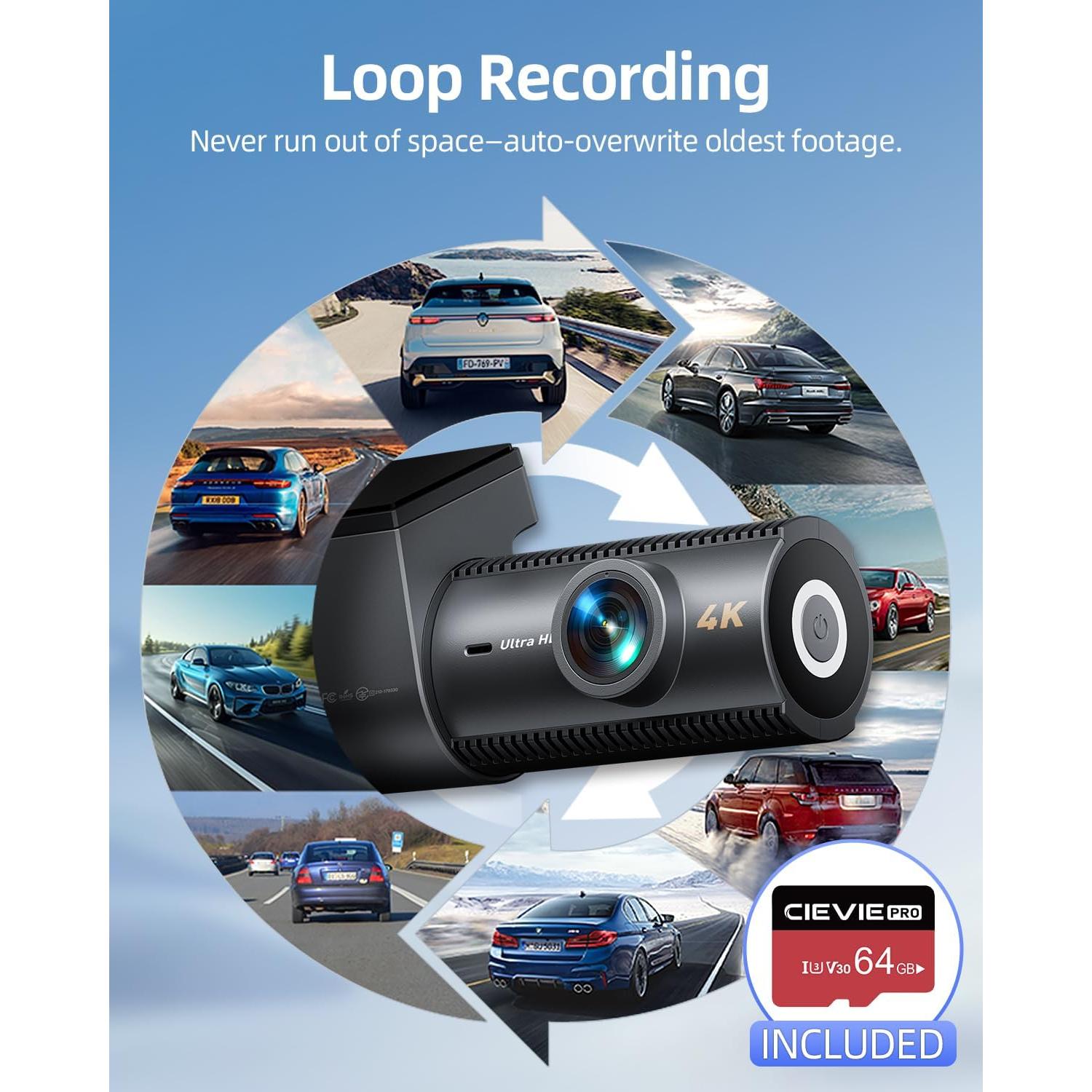 Cámara Dash Dual 4K + 1080P Cievie D100 con SD 64GB