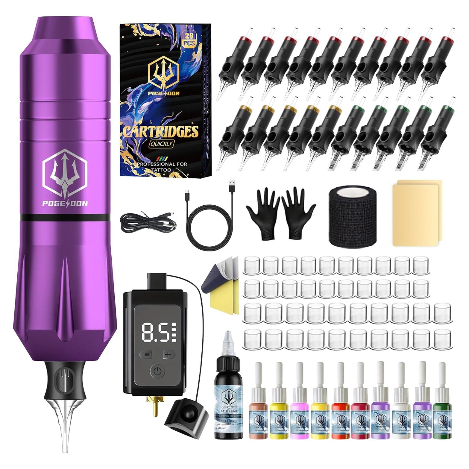 Kit de Máquina de Tatuaje Inalámbrica POSEIDON TK201 con 20 Agujas