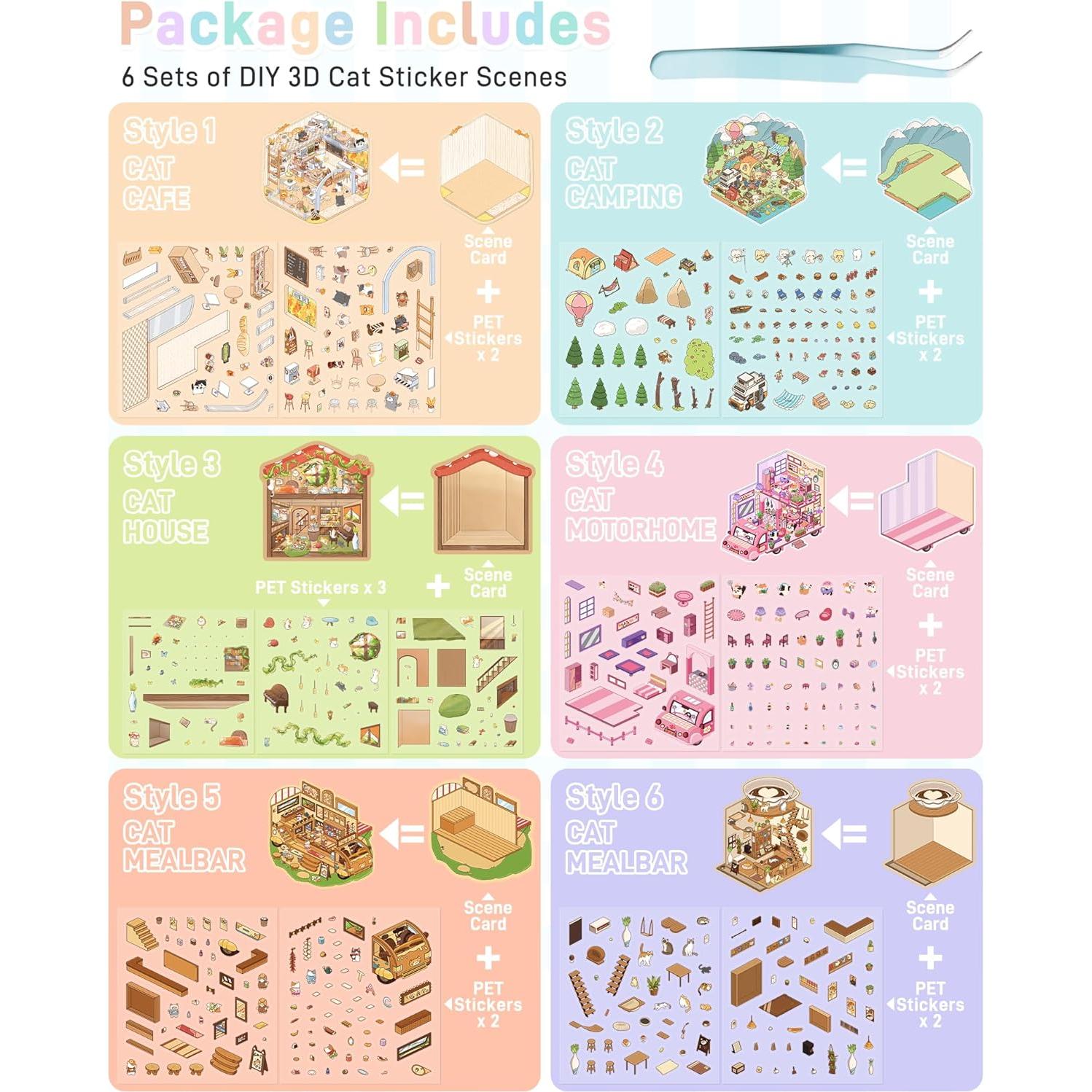 Set de 6 Pegatinas 3D de Gato Coostiksy - DIY y Reutilizables