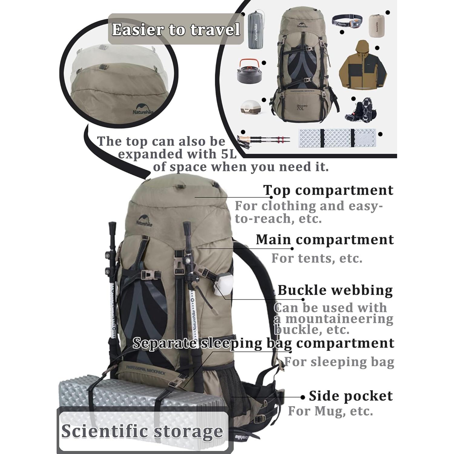 Mochila de Senderismo Naturehike 70+5L Resistente al Agua