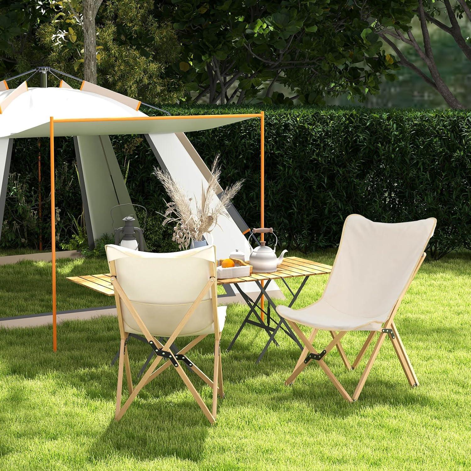 Sillas de Camping Tangkula 2 Piezas Plegables Beige Lona Bambú