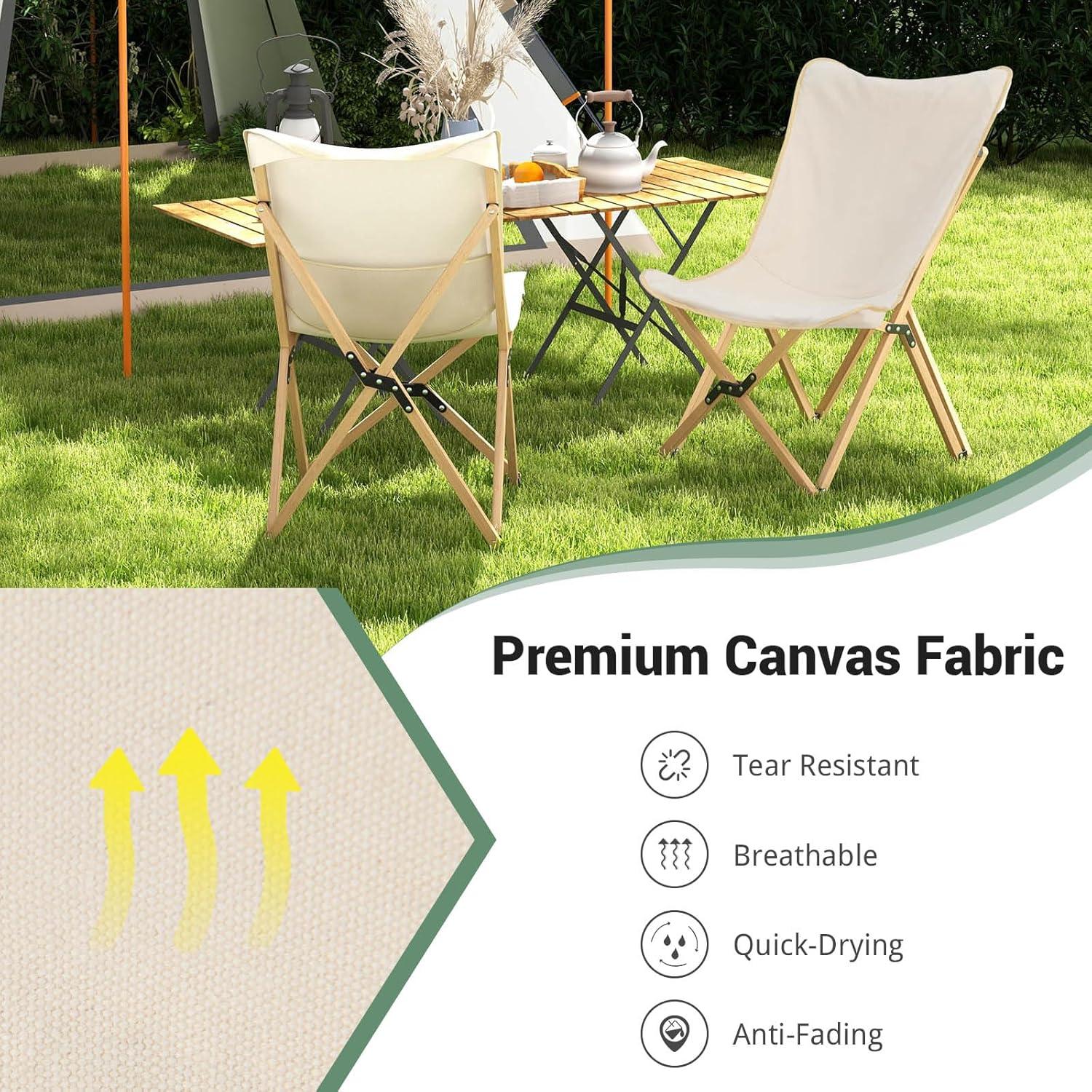 Sillas de Camping Tangkula 2 Piezas Plegables Beige Lona Bambú