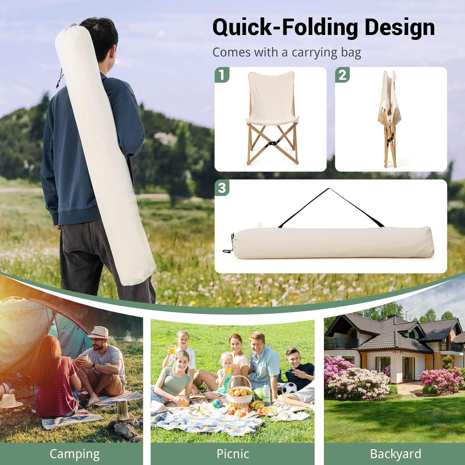 Sillas de Camping Tangkula 2 Piezas Plegables Beige Lona Bambú