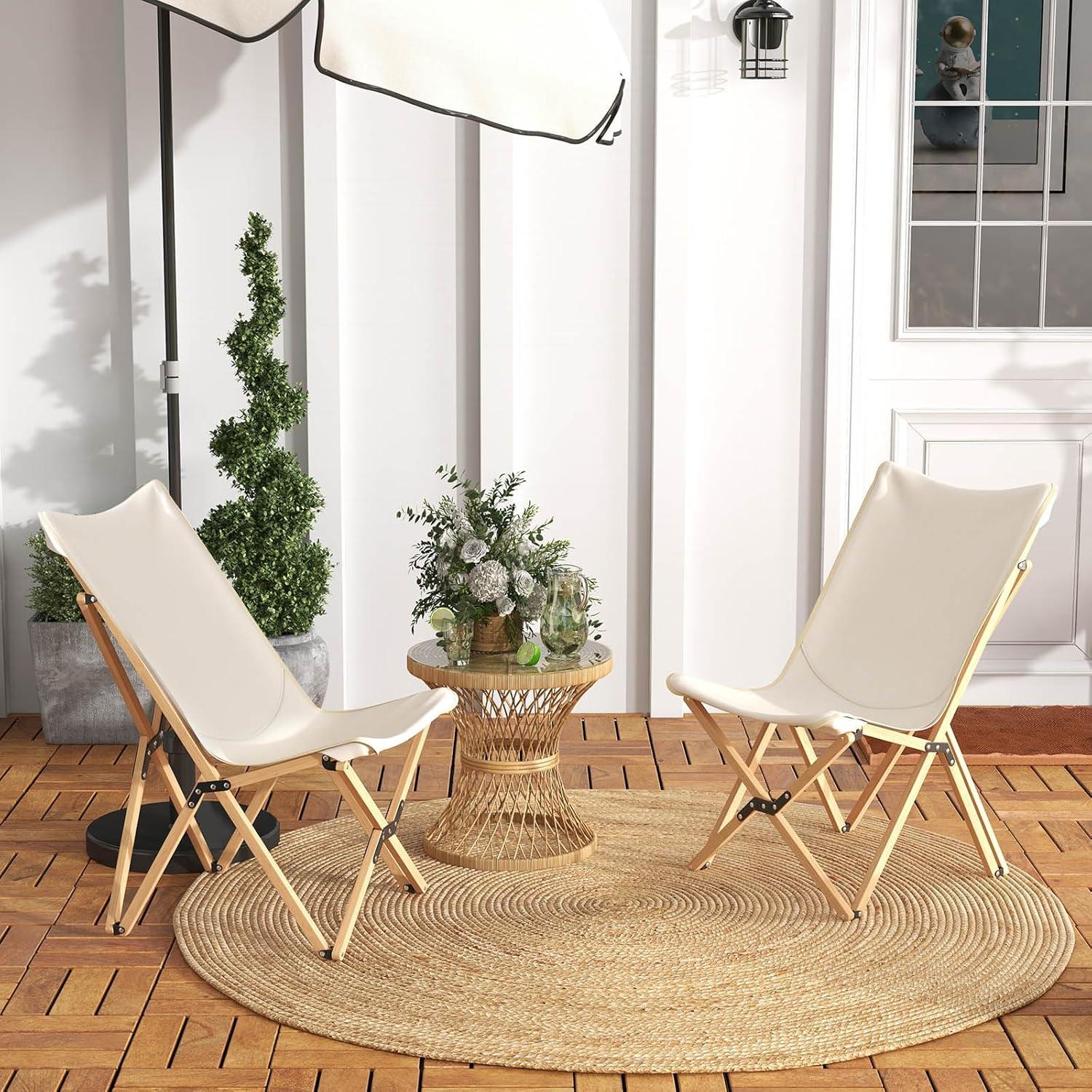 Sillas de Camping Tangkula 2 Piezas Plegables Beige Lona Bambú