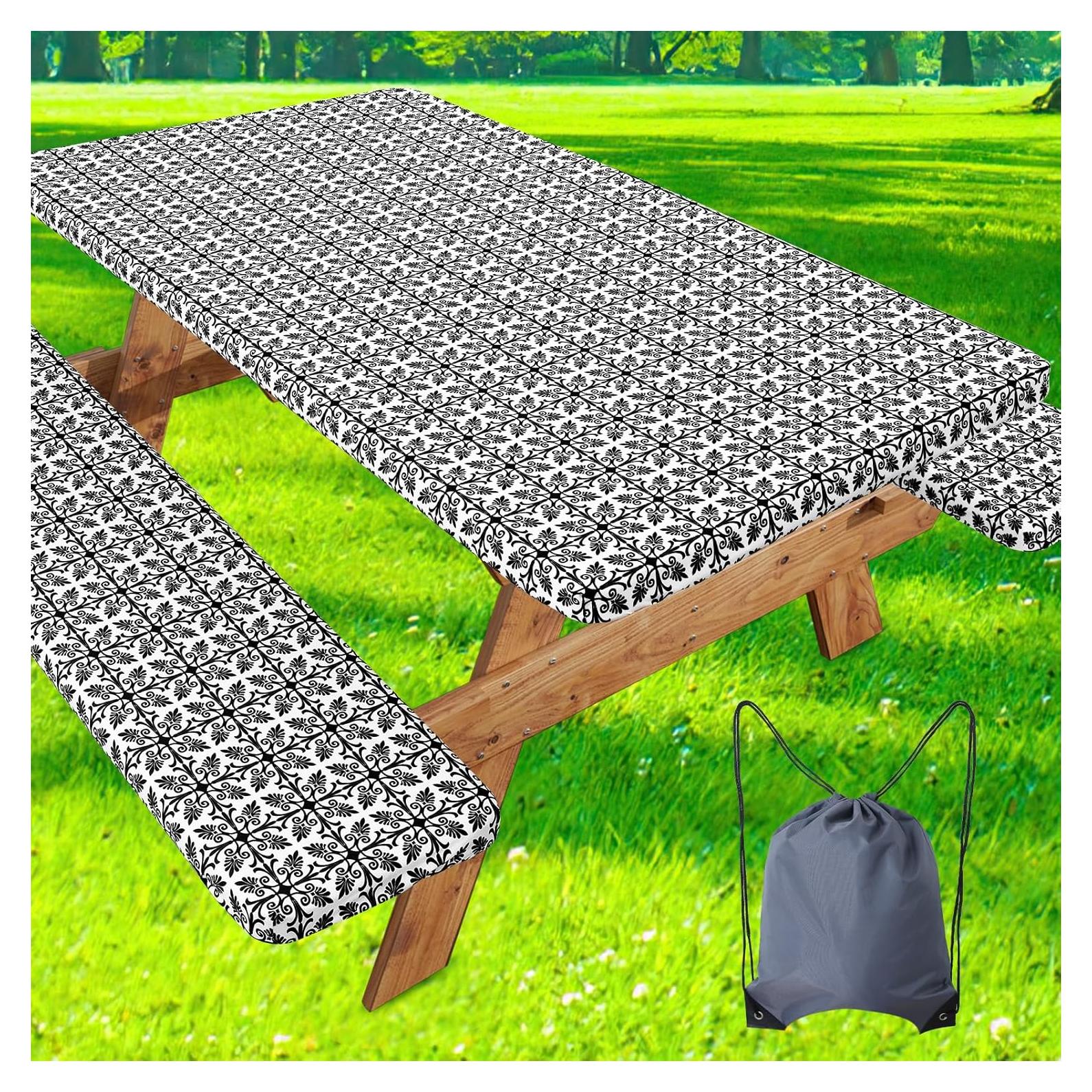 misaya Picnic Table Cover with Bench Cover, Waterproof Elastic Fitted Tablecloth for 5 Foot Tables, Rectangle Washable Polyester Tablecloths for Picnic, Camping, Outdoor (Black, 30" x 60")