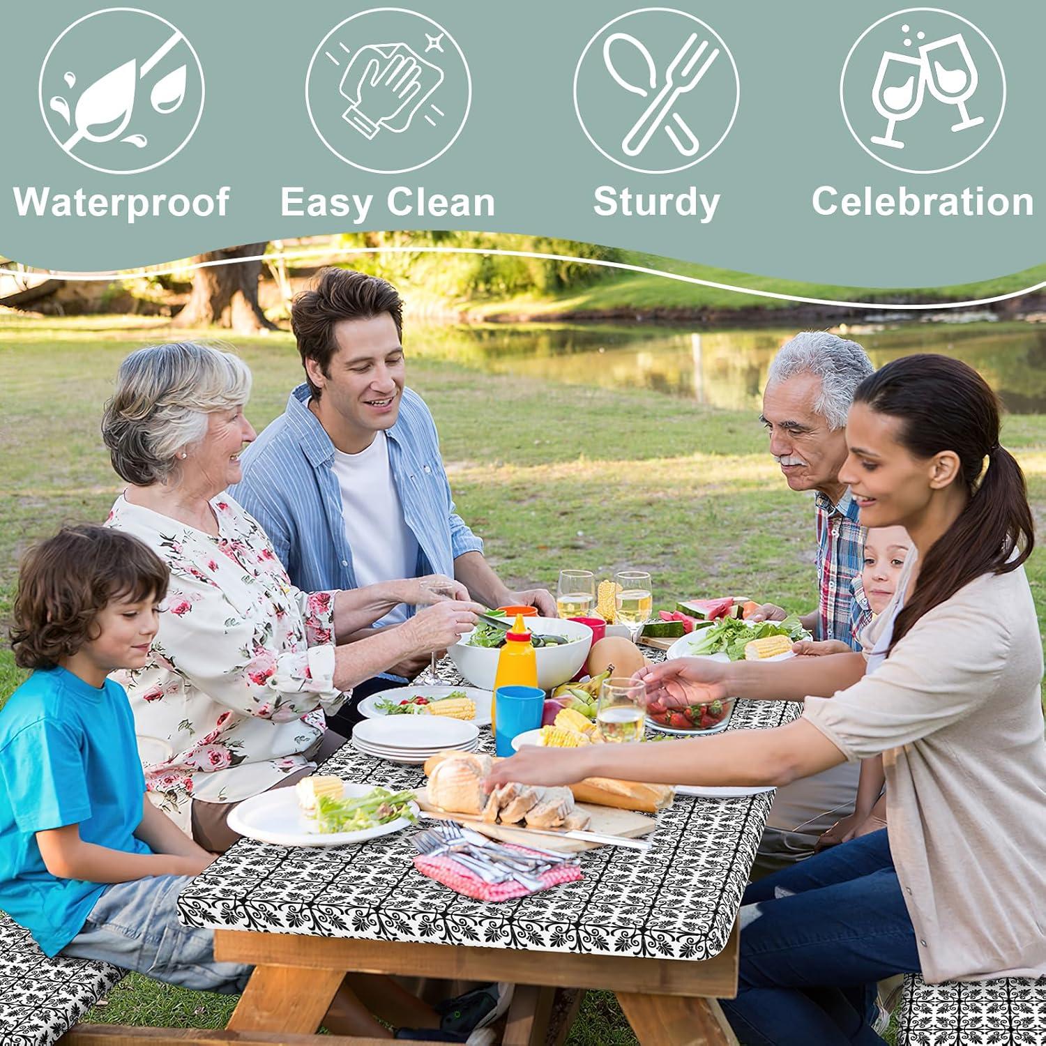 misaya Picnic Table Cover with Bench Cover, Waterproof Elastic Fitted Tablecloth for 5 Foot Tables, Rectangle Washable Polyester Tablecloths for Picnic, Camping, Outdoor (Black, 30" x 60")