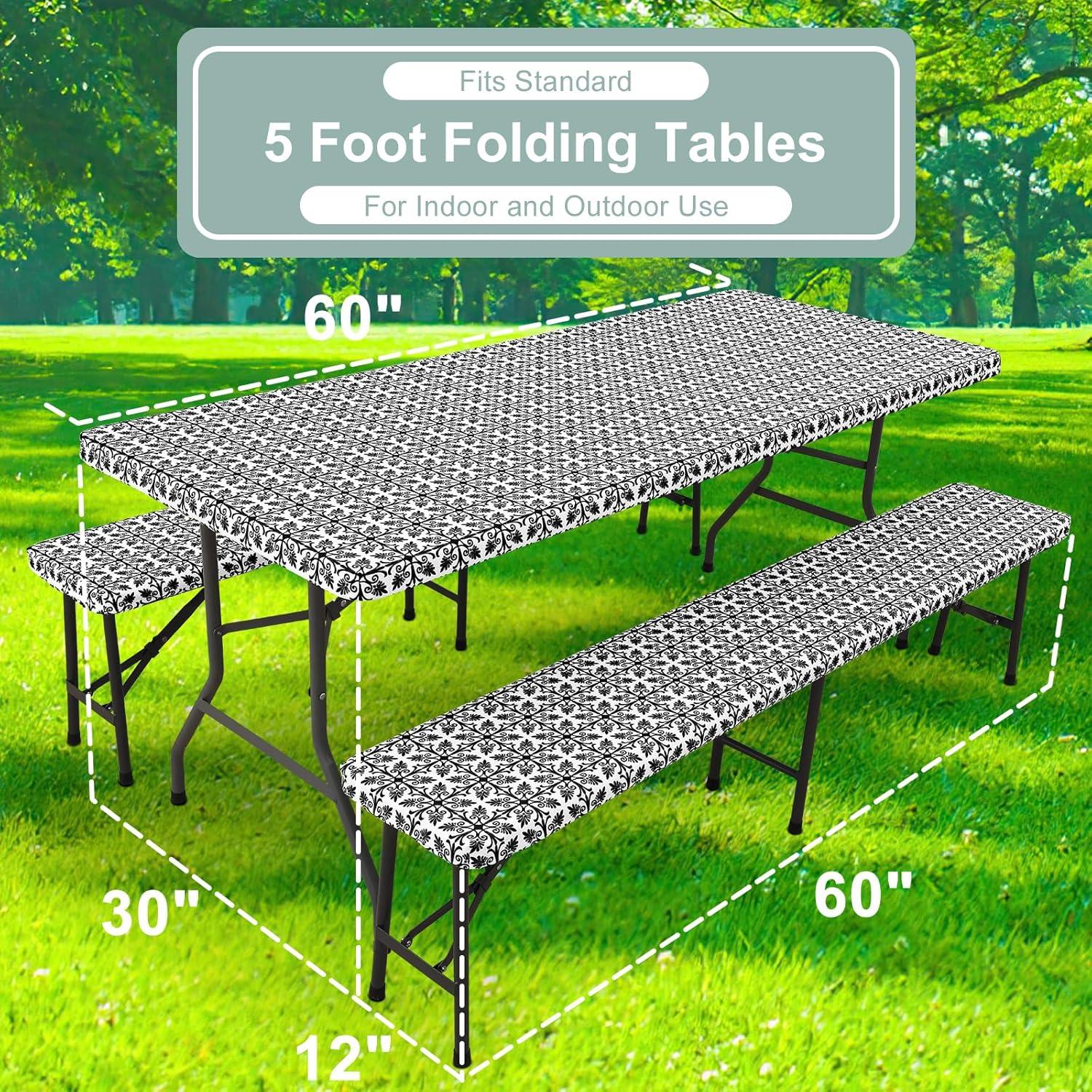 misaya Picnic Table Cover with Bench Cover, Waterproof Elastic Fitted Tablecloth for 5 Foot Tables, Rectangle Washable Polyester Tablecloths for Picnic, Camping, Outdoor (Black, 30" x 60")