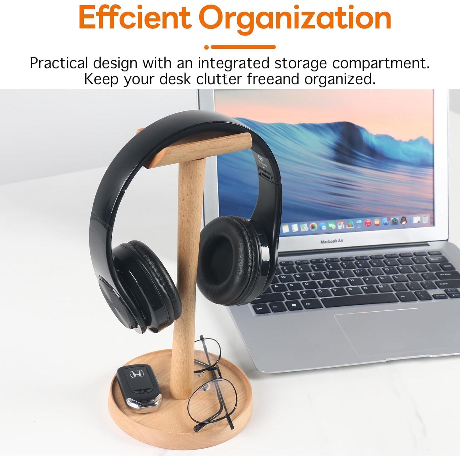 Soporte de Auriculares de Madera de Haya MDW - Organizador de Escritorio