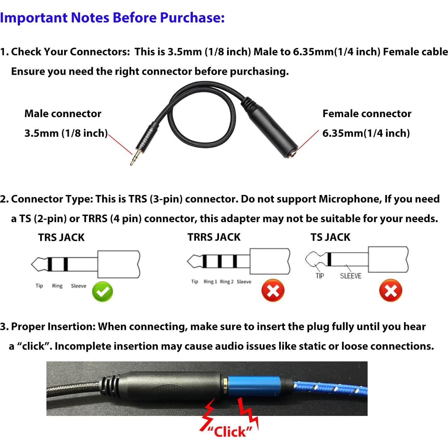 Adaptador de Audio WISYIFIL 3.5mm a 6.35mm 30cm Nylon