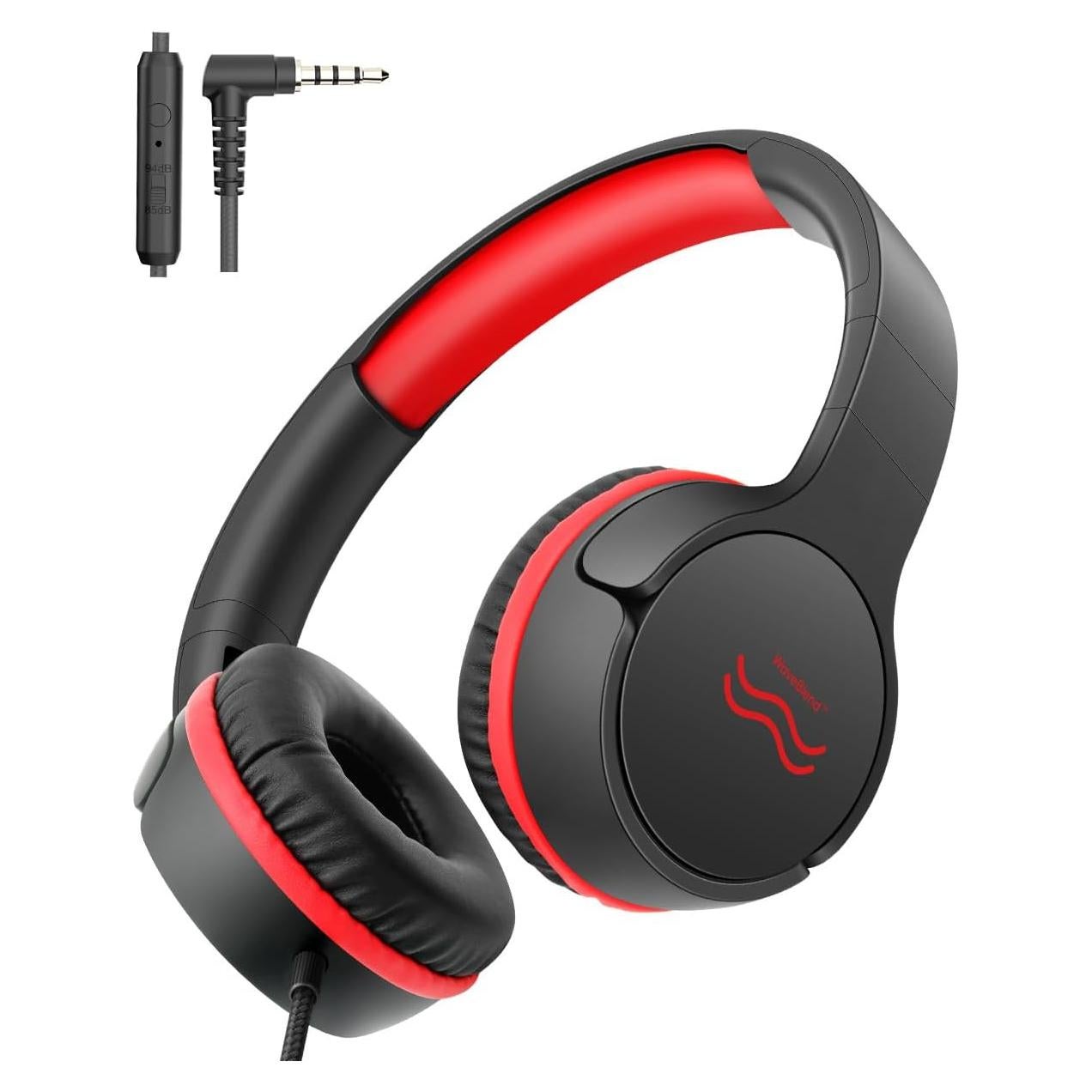 Kids Headphones with Cord - Wired Headphones for Kids, 85/94dB Volume Limited for Safe Listening, Comfortable & Durable, 3.5mm Jack for School, Tablet, Travel, FireMode Black-Red