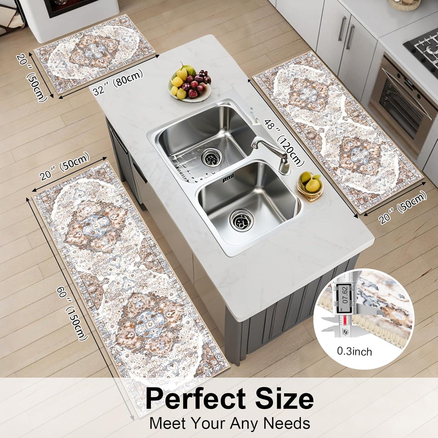 Conjunto de 3 Alfombras de Cocina HEBE Antideslizantes Beige