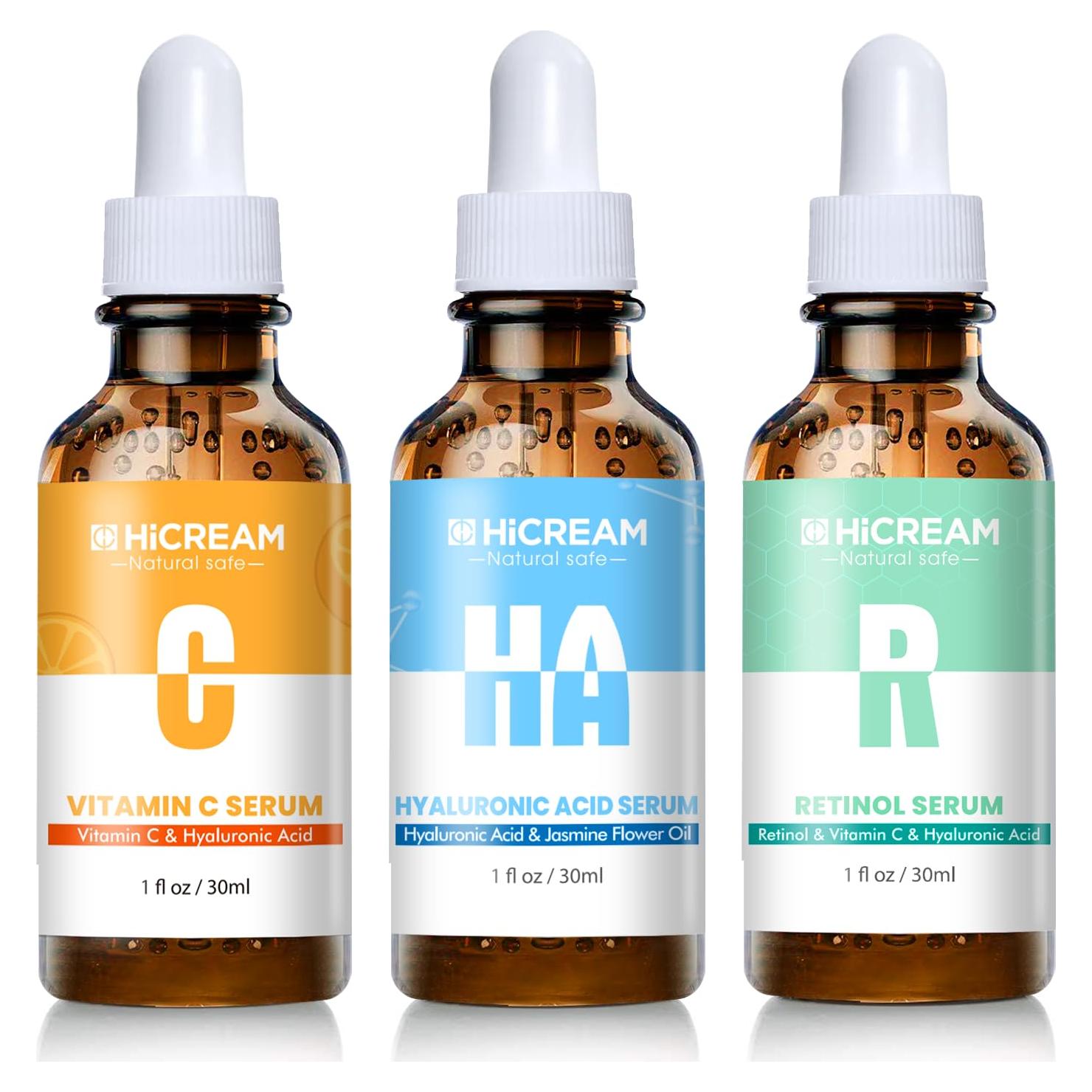 Conjunto de Suero Facial Hicream 3 Piezas 30 ml - Vitamina C, Ácido Hialurónico, Retinol