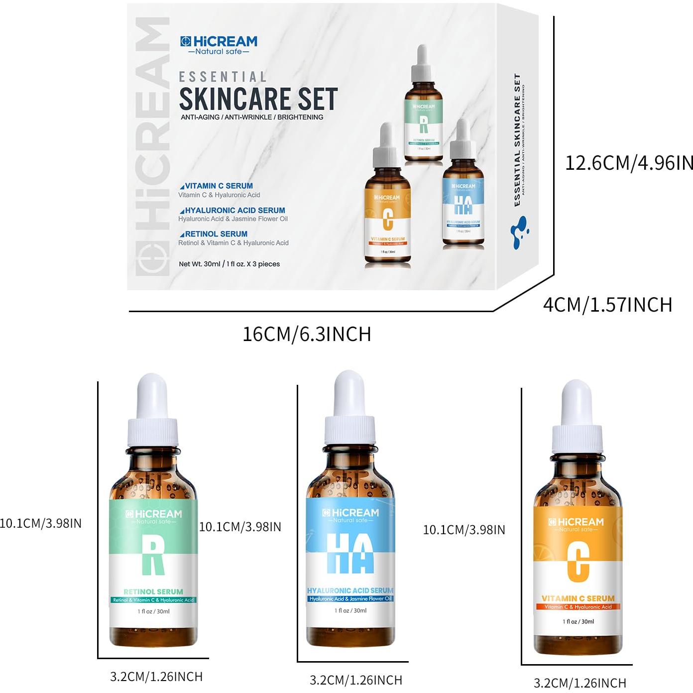 Conjunto de Suero Facial Hicream 3 Piezas 30 ml - Vitamina C, Ácido Hialurónico, Retinol