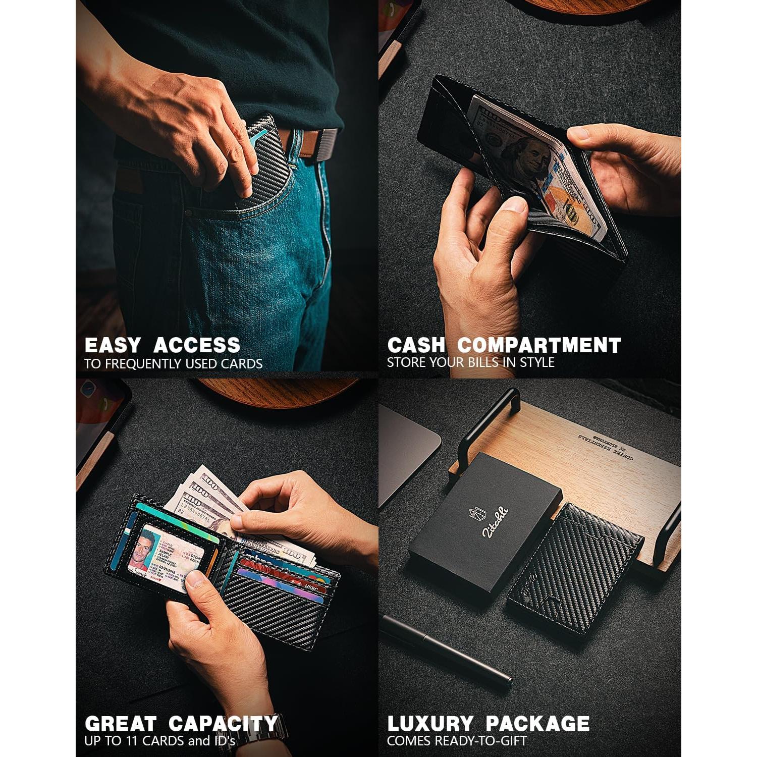 Billetera Bifold Zitahli Slim de Cuero con Bloqueo RFID - Negro