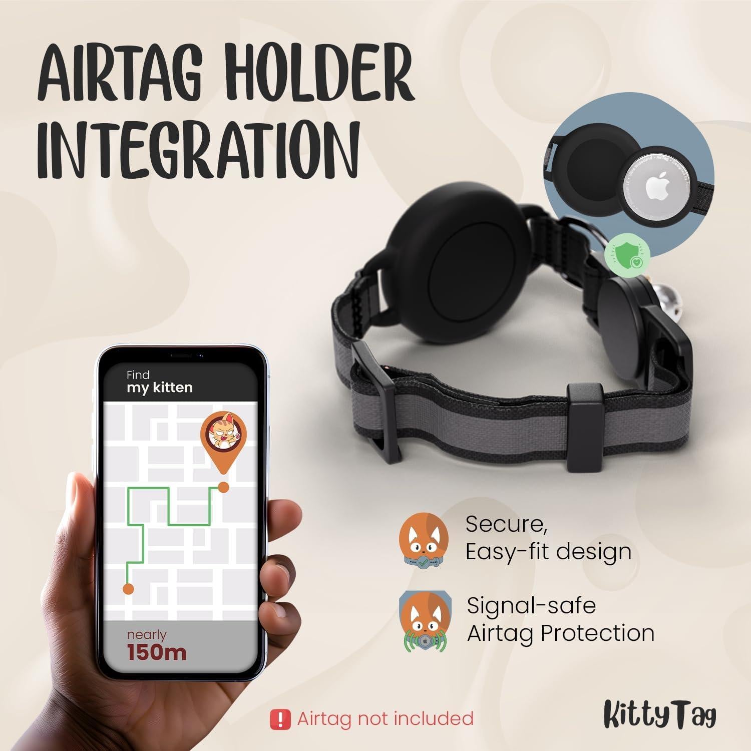 Collar para Gato KittyTag con Soporte para AirTag Negro 22-30 cm