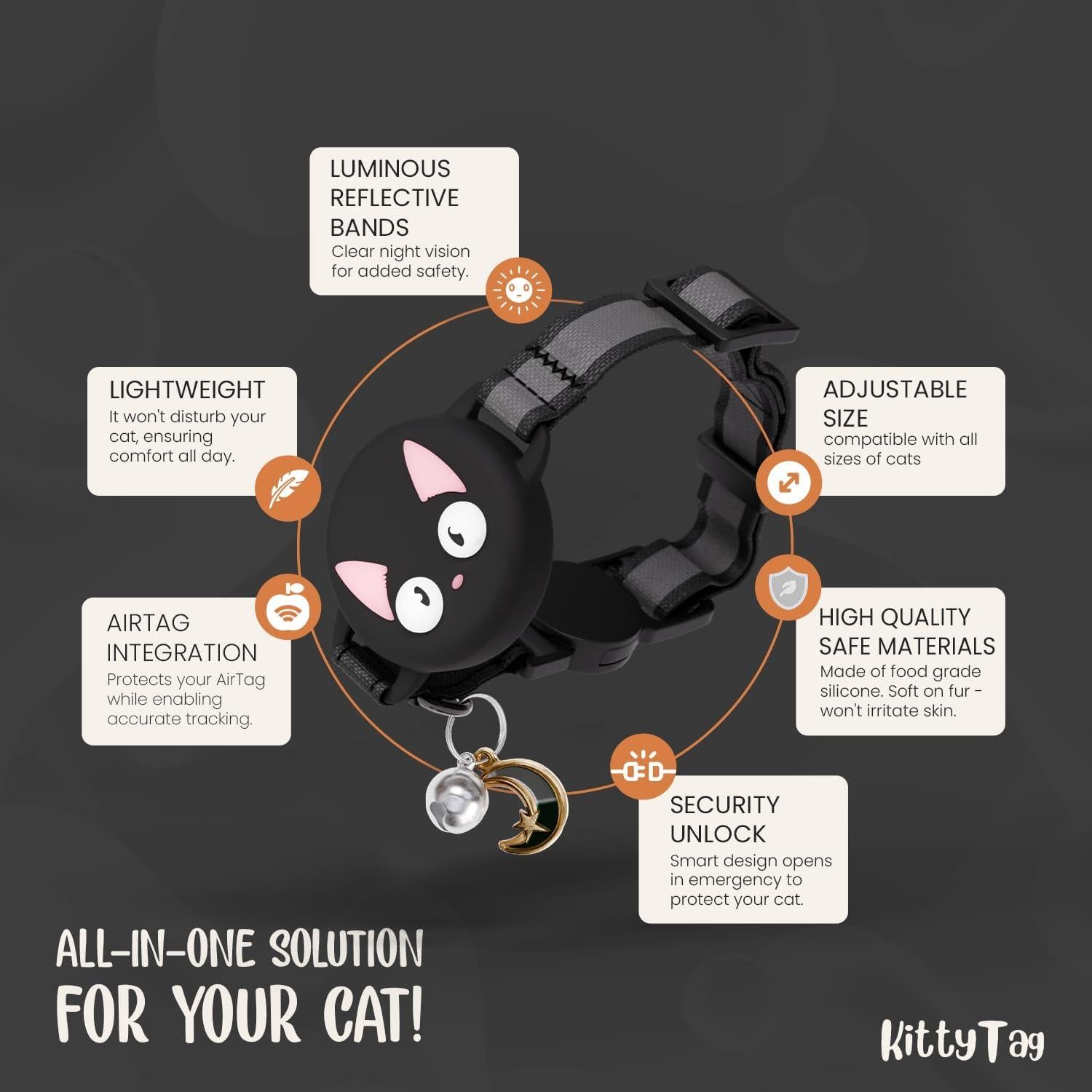 Collar para Gato KittyTag con Soporte para AirTag Negro 22-30 cm