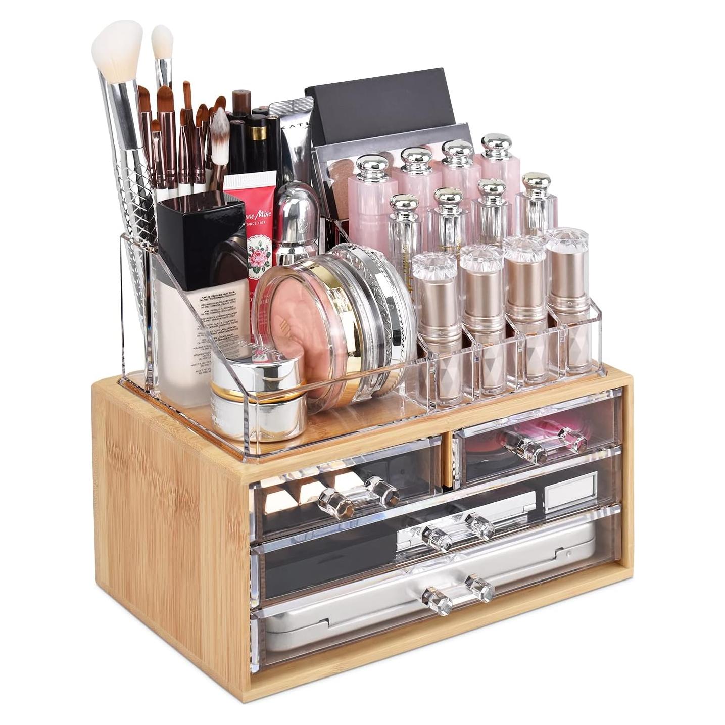 Organizador de Maquillaje Ikee Design de Bambú y Acrílico 4 Cajones