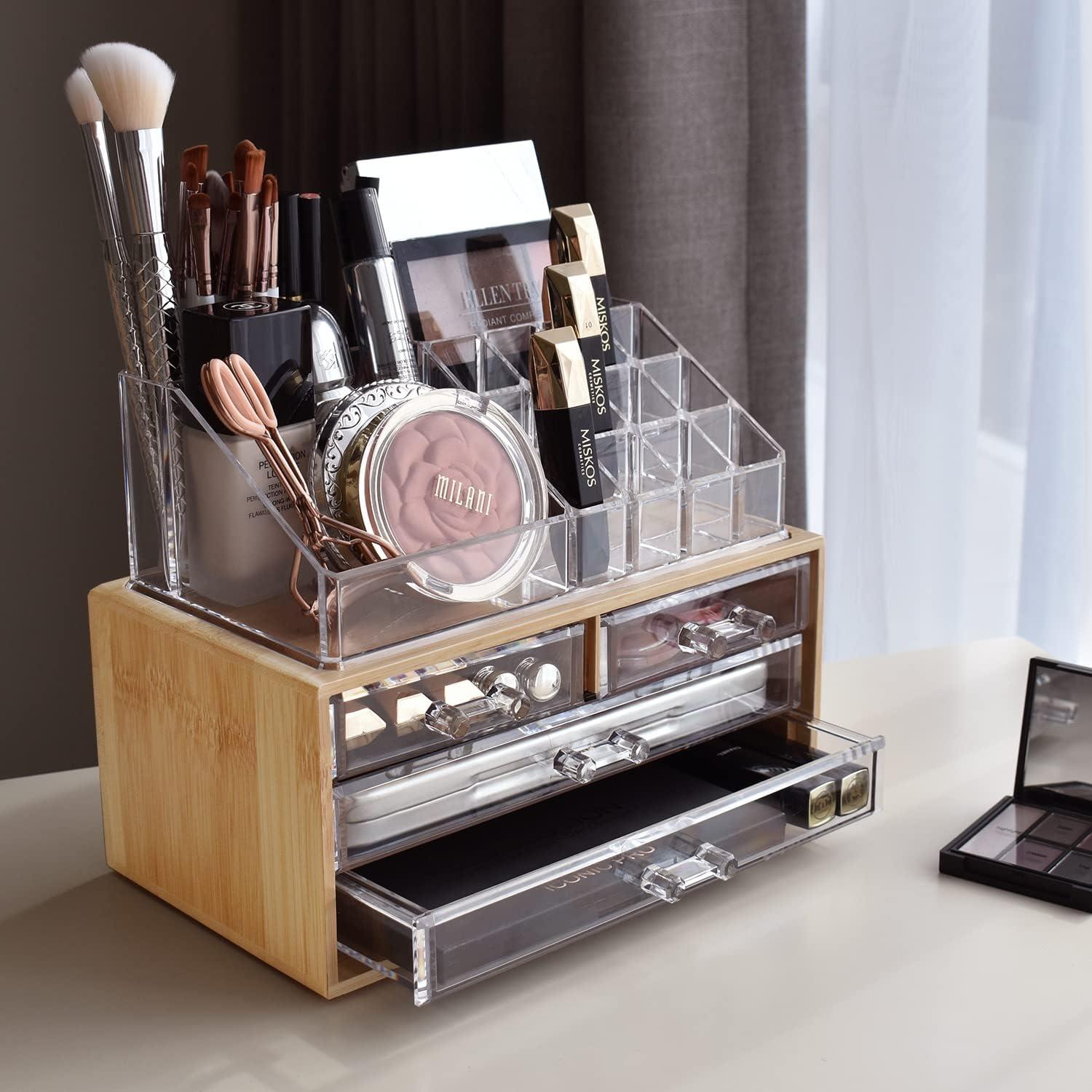 Organizador de Maquillaje Ikee Design de Bambú y Acrílico 4 Cajones