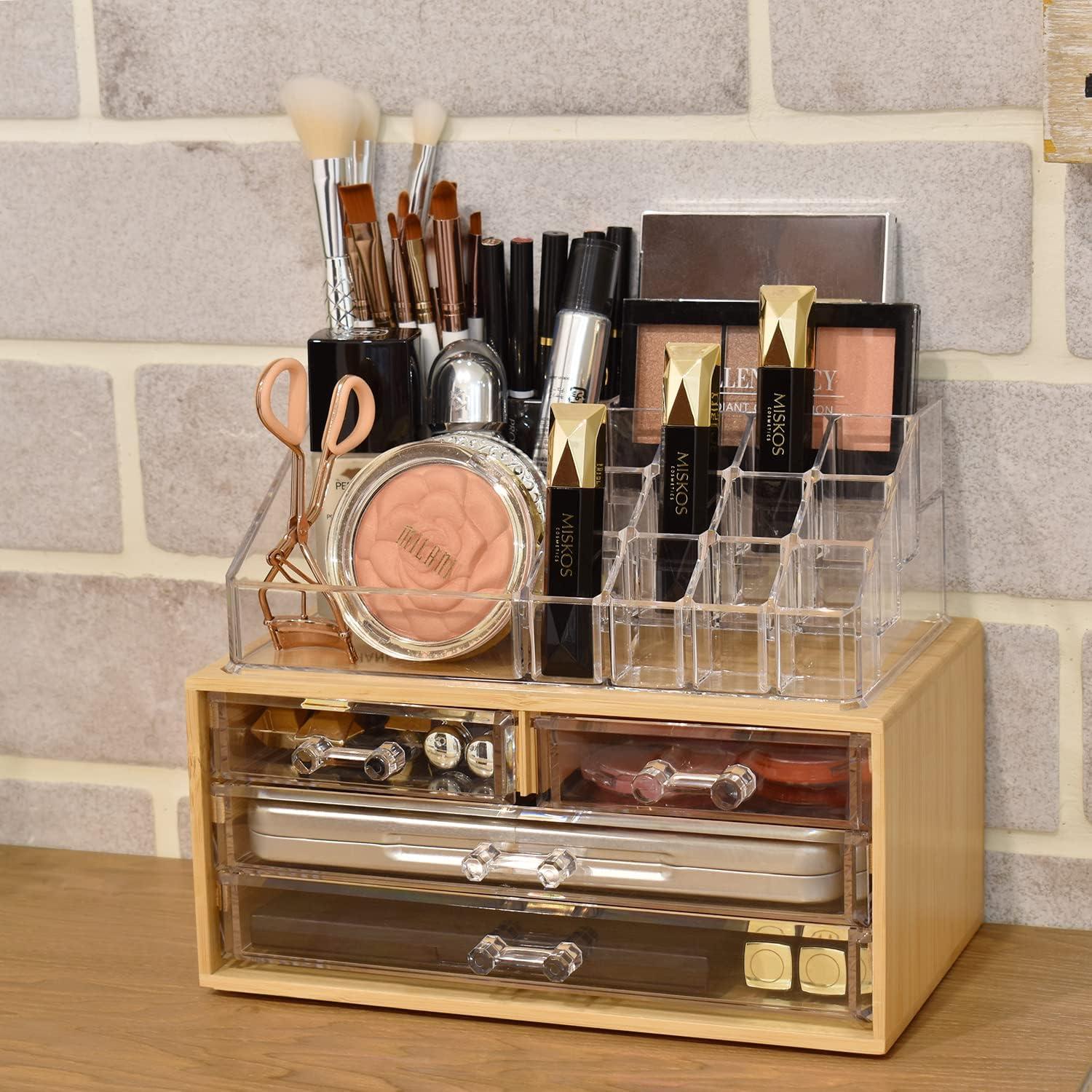 Organizador de Maquillaje Ikee Design de Bambú y Acrílico 4 Cajones