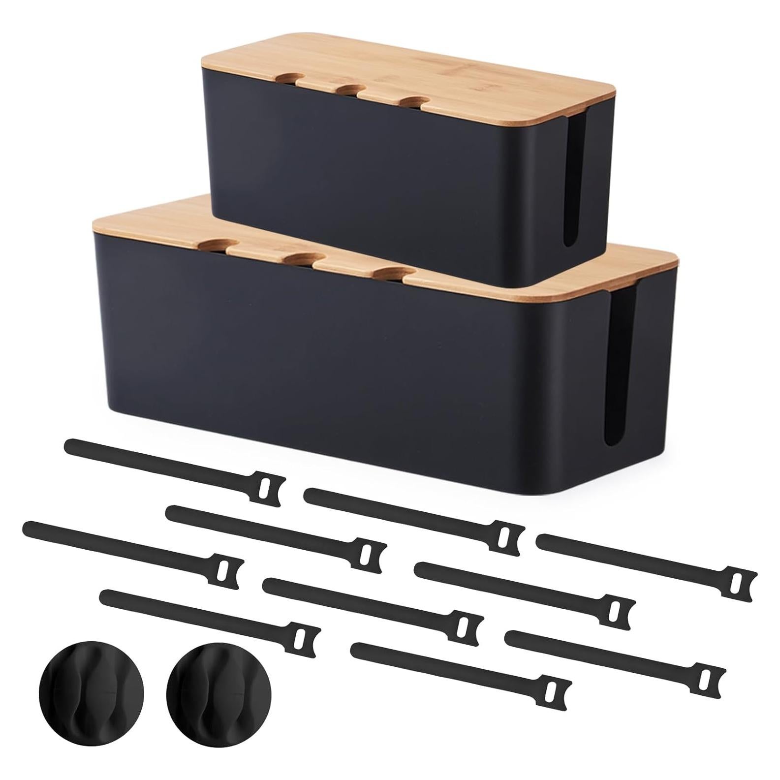 Caja Organizadora de Cables S310 2 Pack Negra con Tapa de Bambú
