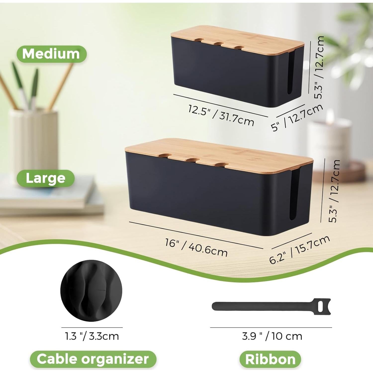 Caja Organizadora de Cables S310 2 Pack Negra con Tapa de Bambú