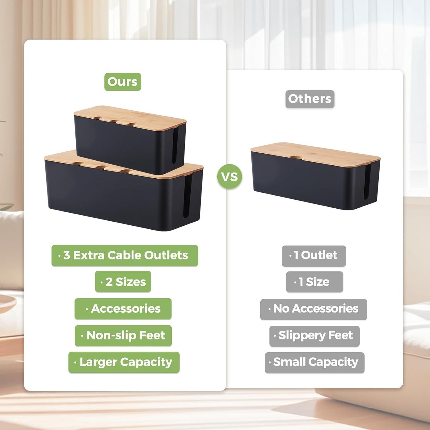 Caja Organizadora de Cables S310 2 Pack Negra con Tapa de Bambú