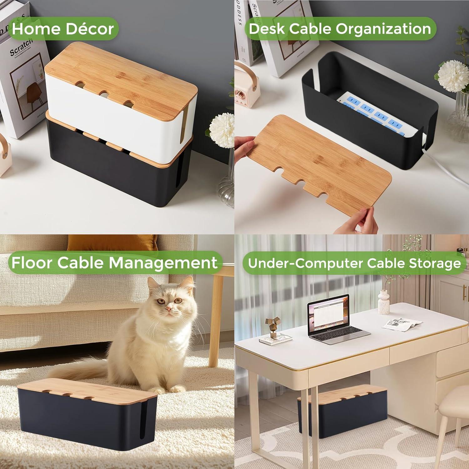 Caja Organizadora de Cables S310 2 Pack Negra con Tapa de Bambú