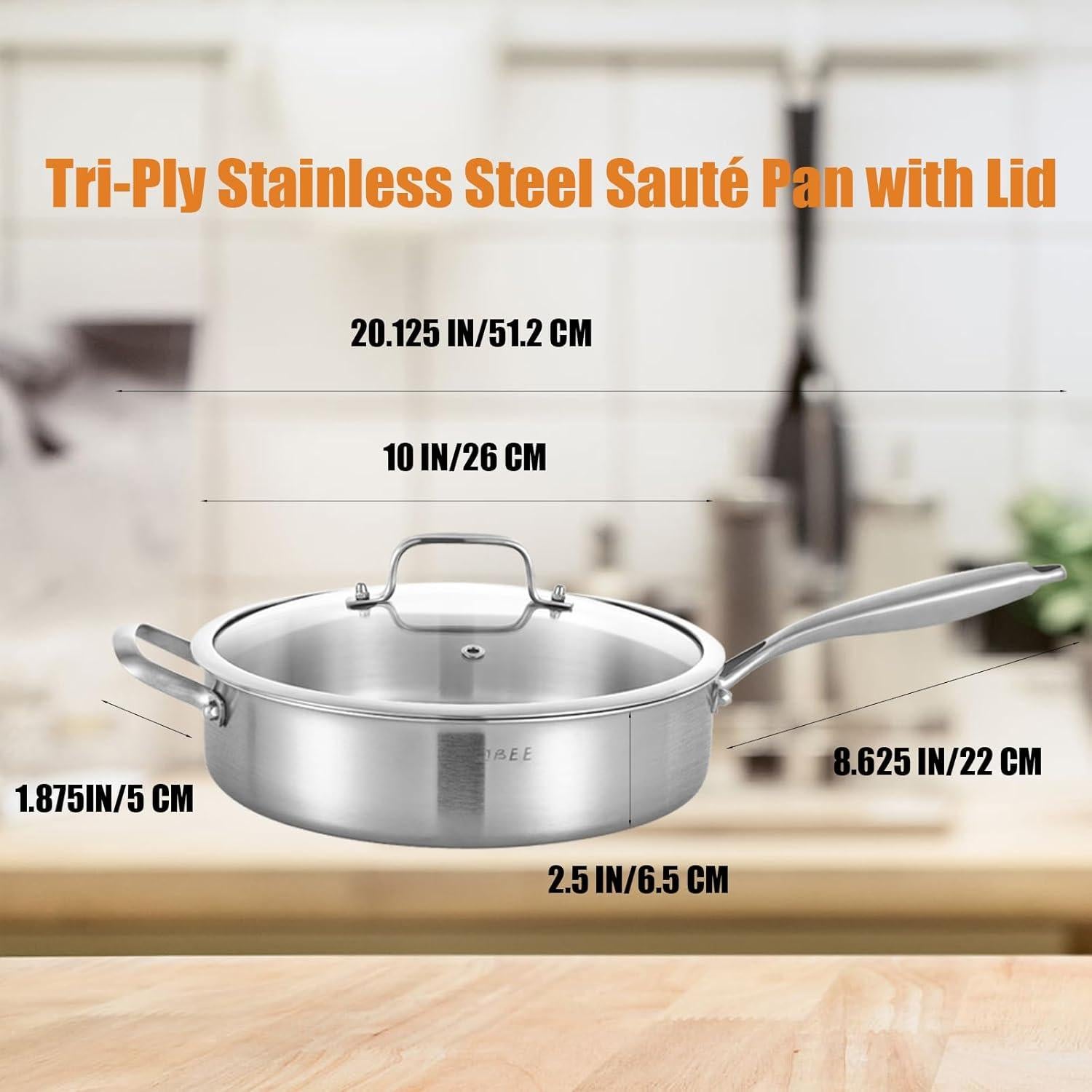 Sartén Inqibee Acero Inoxidable Tri-Ply 3QT con Tapa