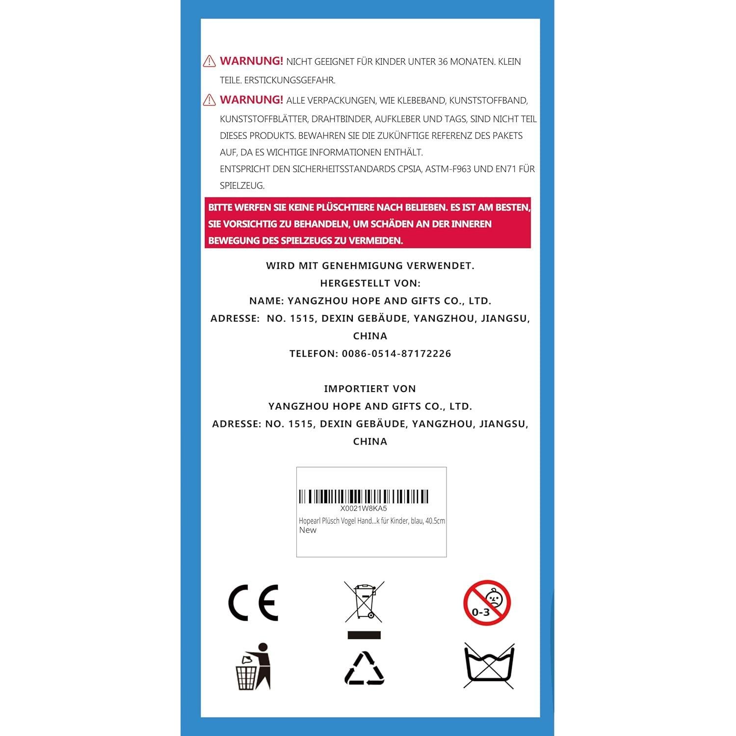 Títere de Mano Pájaro Azul Hopearl 40 cm Juguete Interactivo