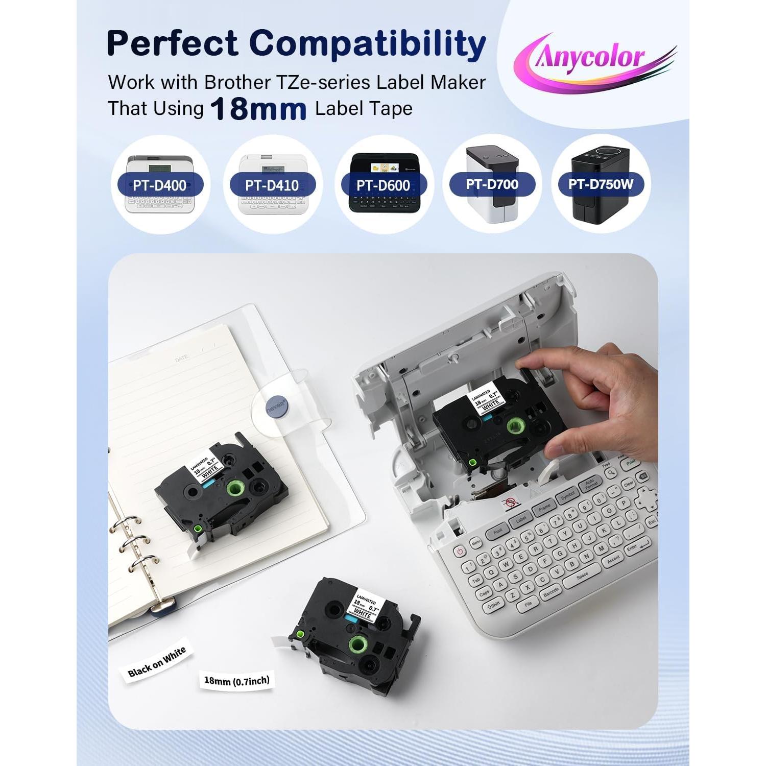 Paquete de 6 Cintas de Etiquetas Anycolor TZe-241 18mm Negro sobre Blanco