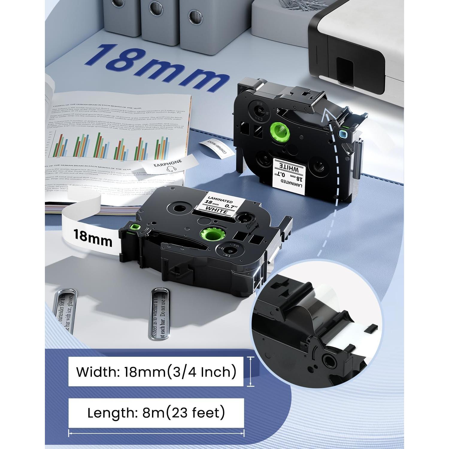 Paquete de 6 Cintas de Etiquetas Anycolor TZe-241 18mm Negro sobre Blanco