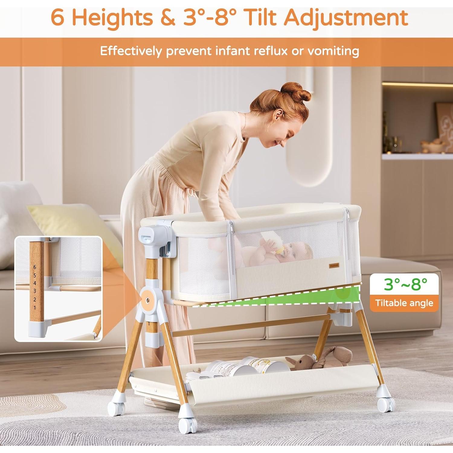 Cuna 3 en 1 Kingobabys Beige - Cuna de lado, mecedora, portátil