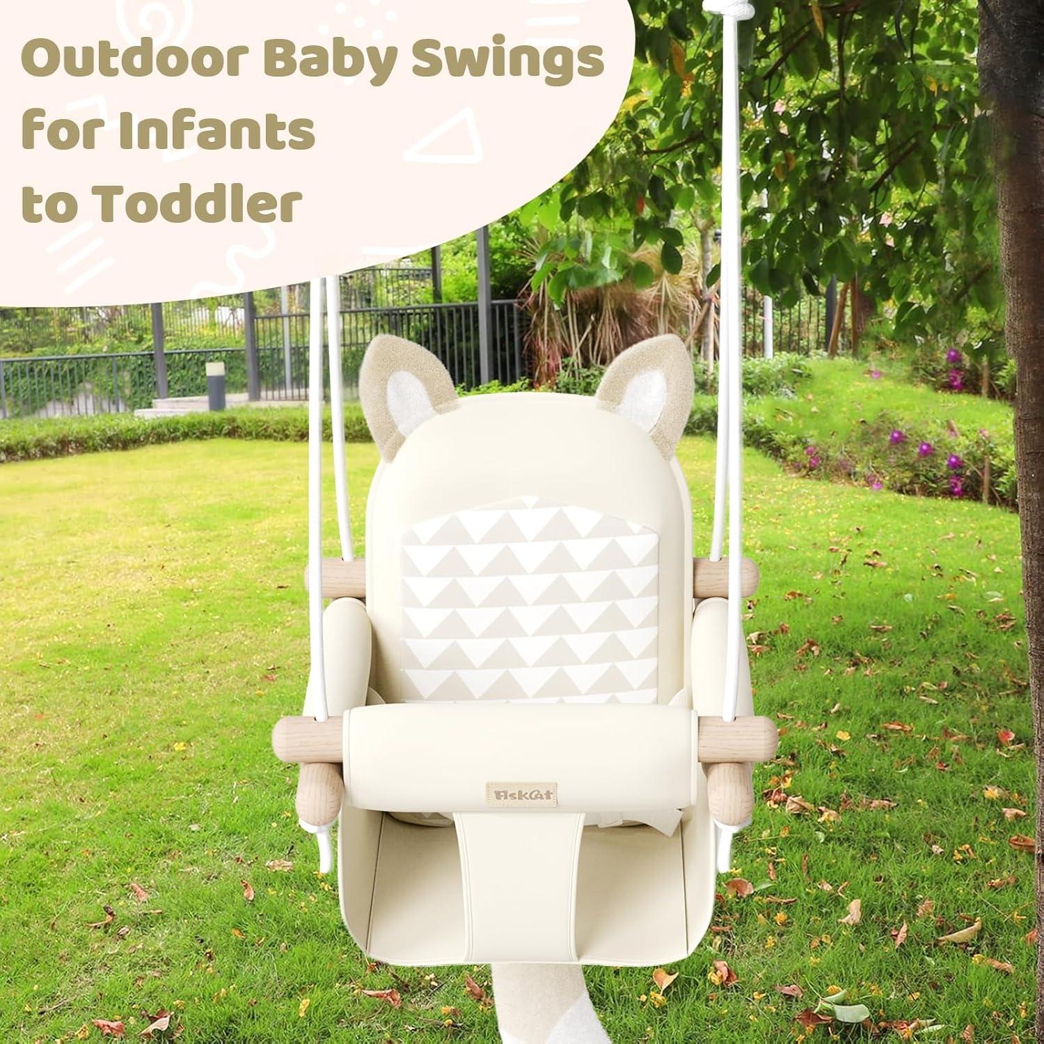 Columpio de Bebé de Madera Beige con Cinturón de Seguridad