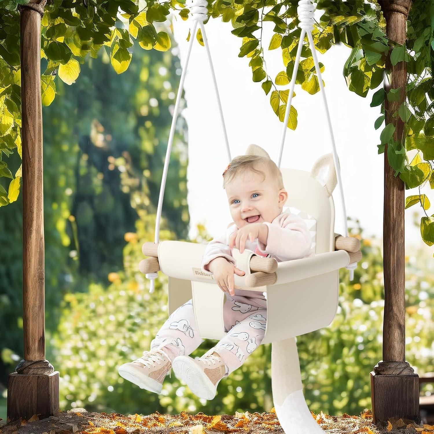 Columpio de Bebé de Madera Beige con Cinturón de Seguridad
