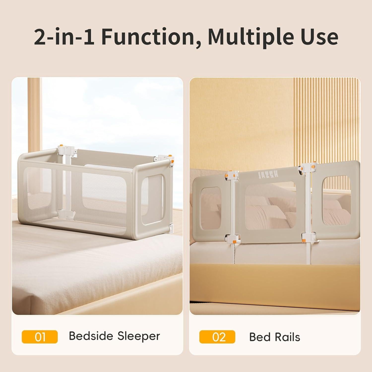 Cuna Lateral 2 en 1 JAZSH Beige 175.9x49 cm con Red Antimosquitos
