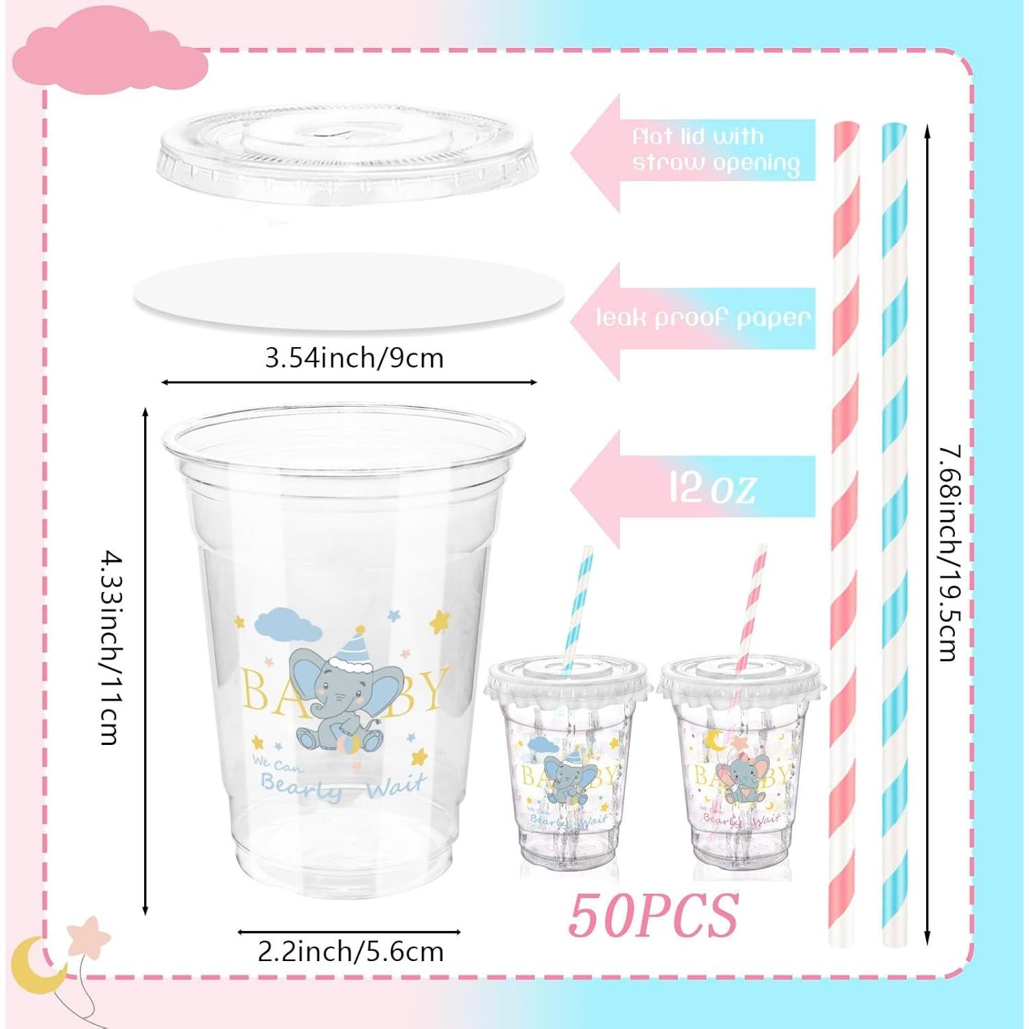 Vasos de Plástico Desechables Xuelimei 12 oz Elefante Rosa y Azul (50)