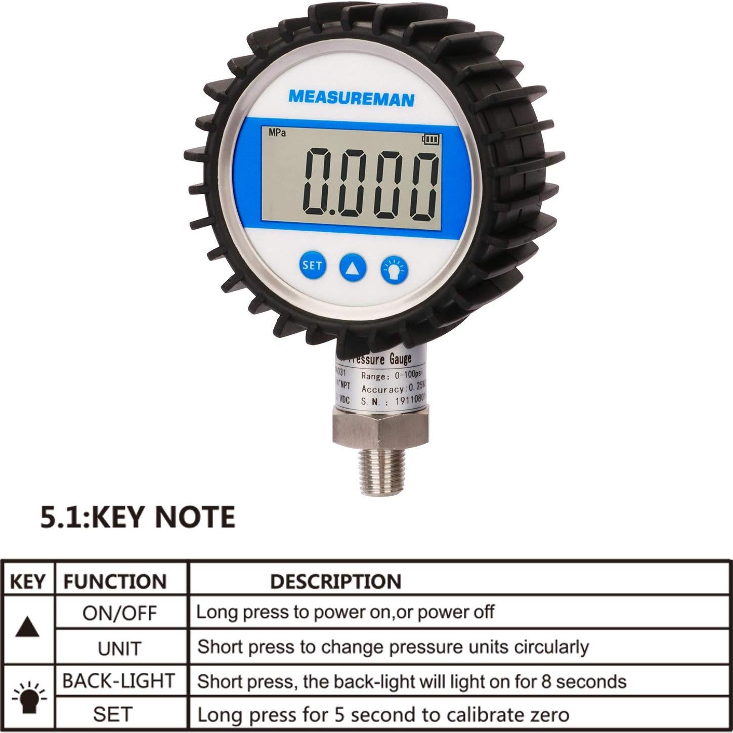 Manómetro Digital Measureman 0-100psi 3-1/8" Acero Inoxidable