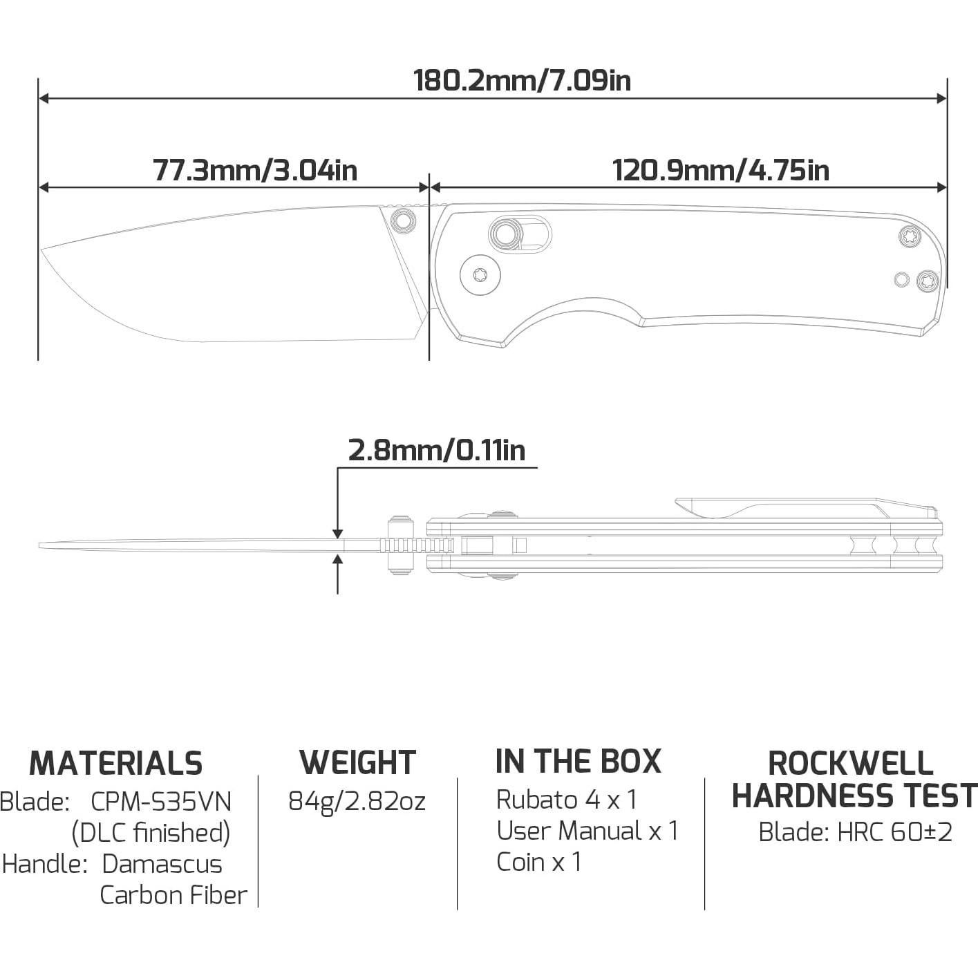 Cuchillo Plegable OKNIFE Rubato 4, Acero CPM-S35VN, Hoja 7.72 cm