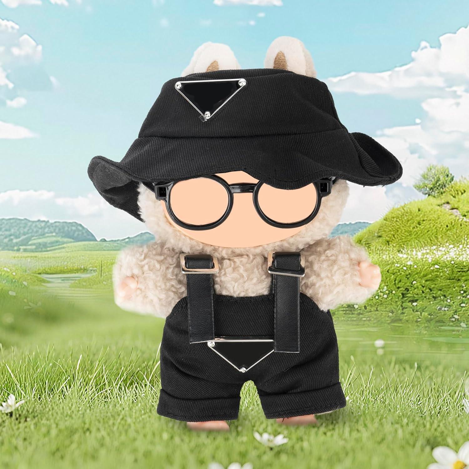 Conjunto de Ropa para Muñeca Labubu 17cm - Sombrero y Overoles Negro