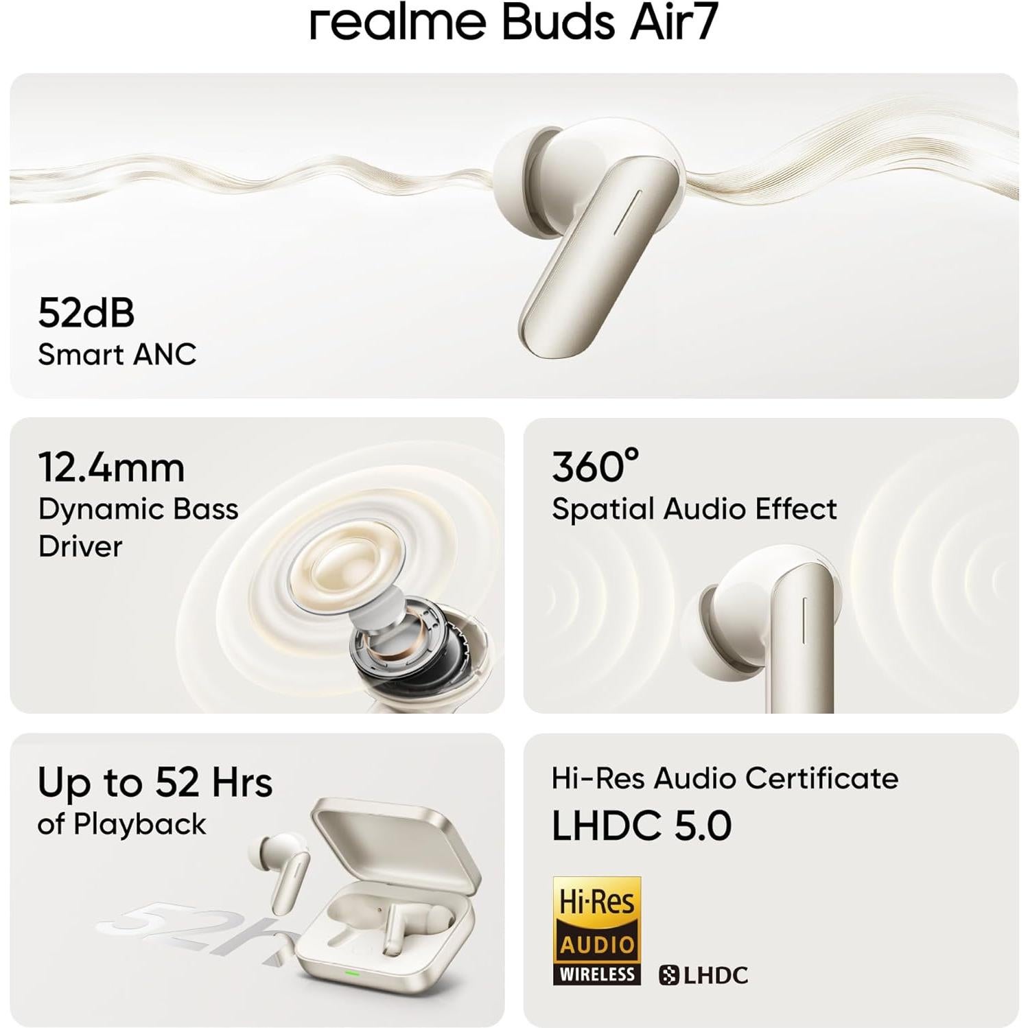 Auriculares Inalámbricos Realme Buds Air 7 Oro - 52h ANC 52dB