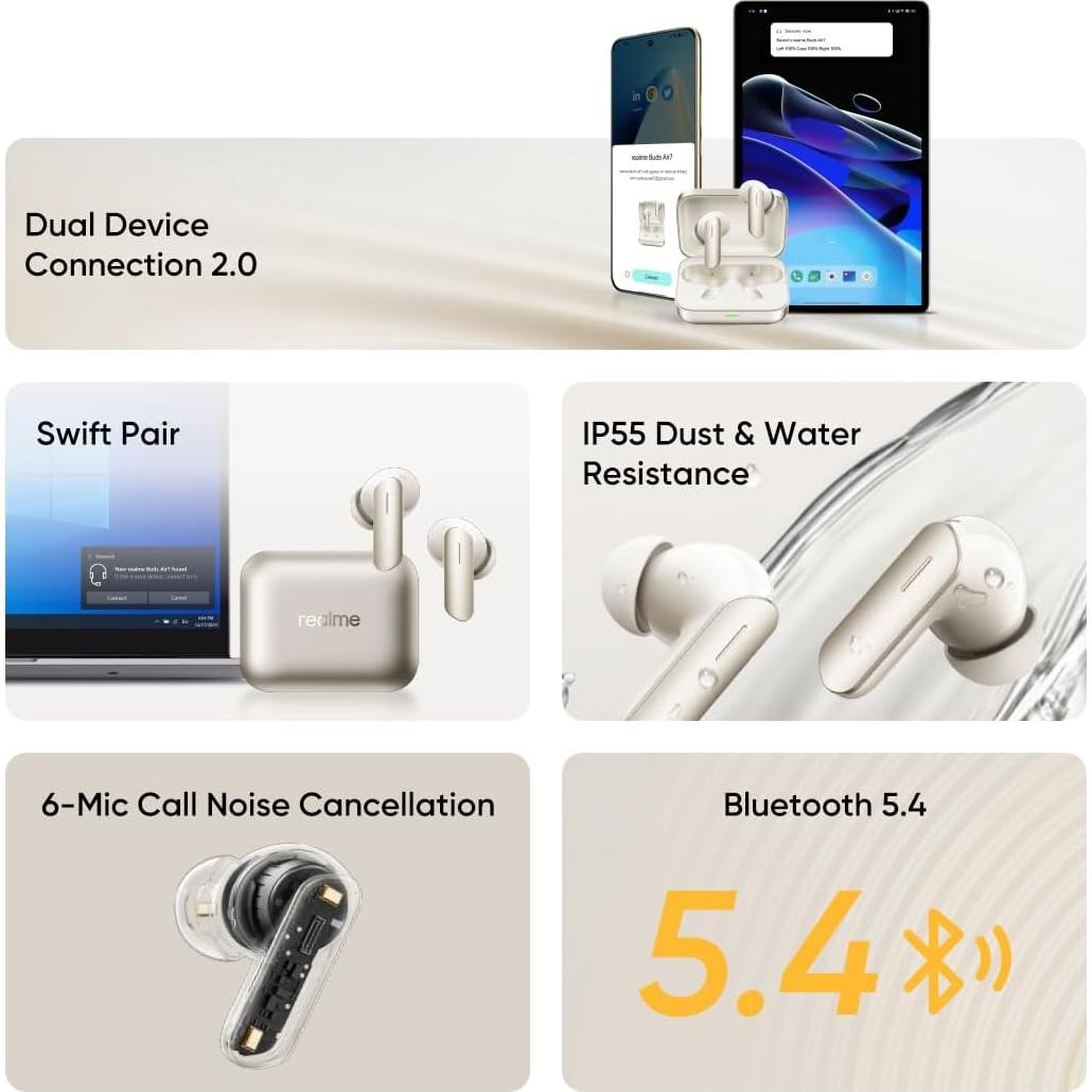 Auriculares Inalámbricos Realme Buds Air 7 Oro - 52h ANC 52dB