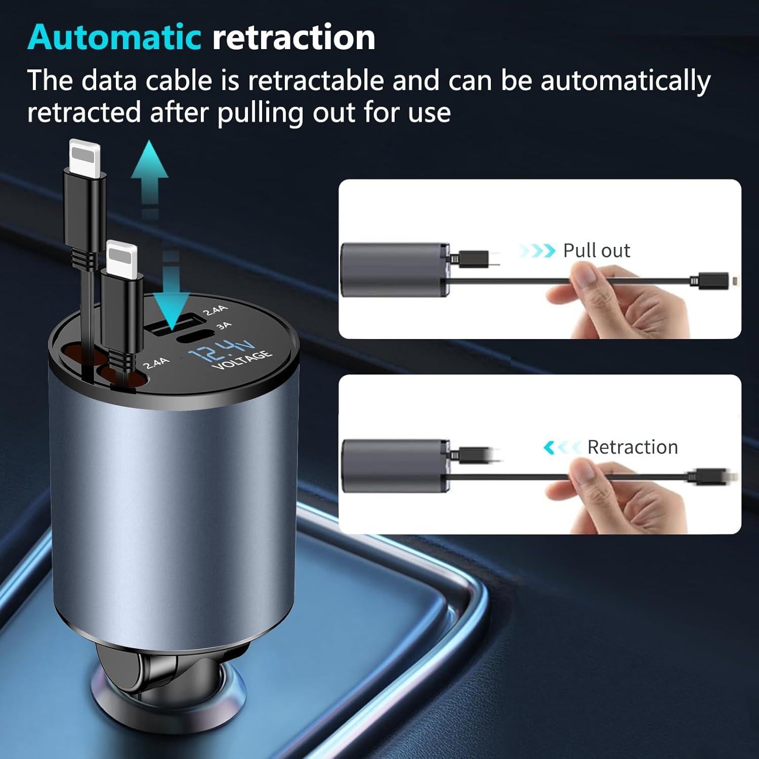 Cargador de Coche Retráctil 4 en 1 Paiholy 66W Carga Rápida