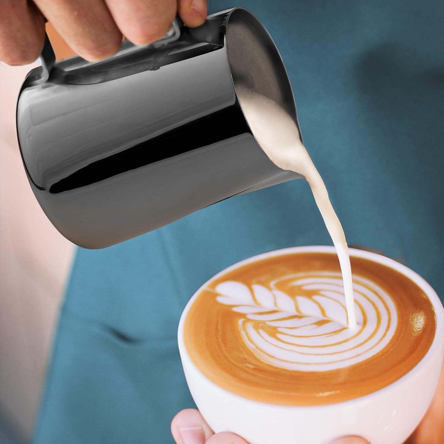 Zulay Milk Frother Cup 350ml/600ml/950ml (12oz/20oz/32oz) - Stainless Steel Frothing Pitcher With Laser-Welded Handle & Precise Measurement Markings - Black - 12oz